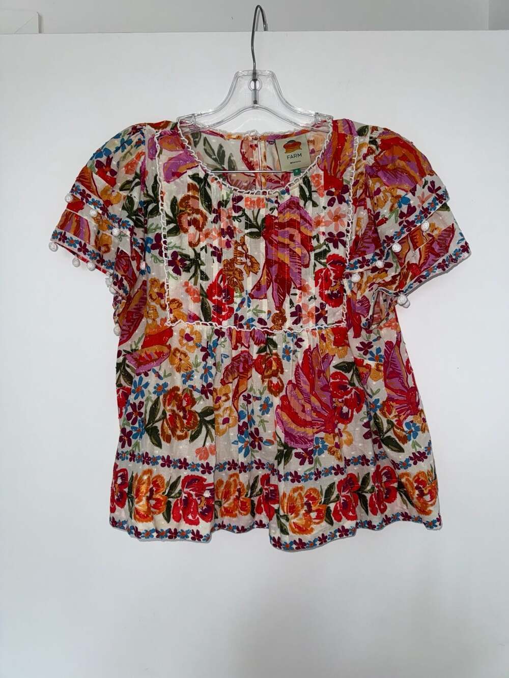 FARM Rio Spring Bananas Pintuck Dot Blouse with Pom Pom Trim